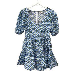 Mille Aneli Blue & Green Block Print Puff Sleeve Mini Dress Size XS